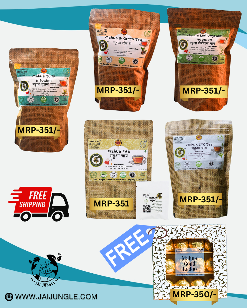 Mahua Infusion Combo –  Mahua Infusion, Lemongrass, CTC, Turmeric, Tulsi (Free Mahua Makhana Ladoo + Free Shipping)
