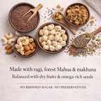 Ingredients used in ForestGold Ragi Mahua Makhana Shots including ragi, Mahua flower, makhana, dry fruits and omega rich seeds