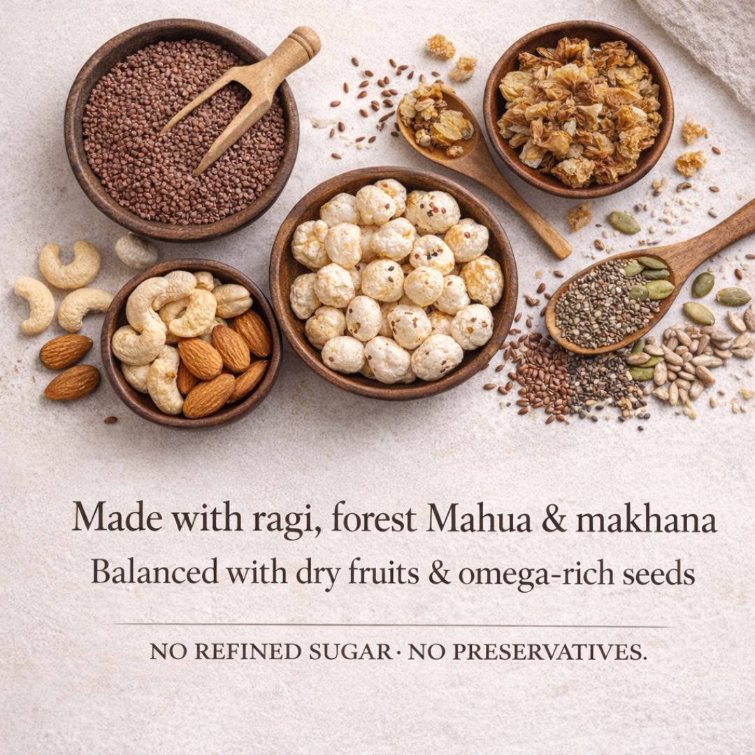 Ingredients used in ForestGold Ragi Mahua Makhana Shots including ragi, Mahua flower, makhana, dry fruits and omega rich seeds