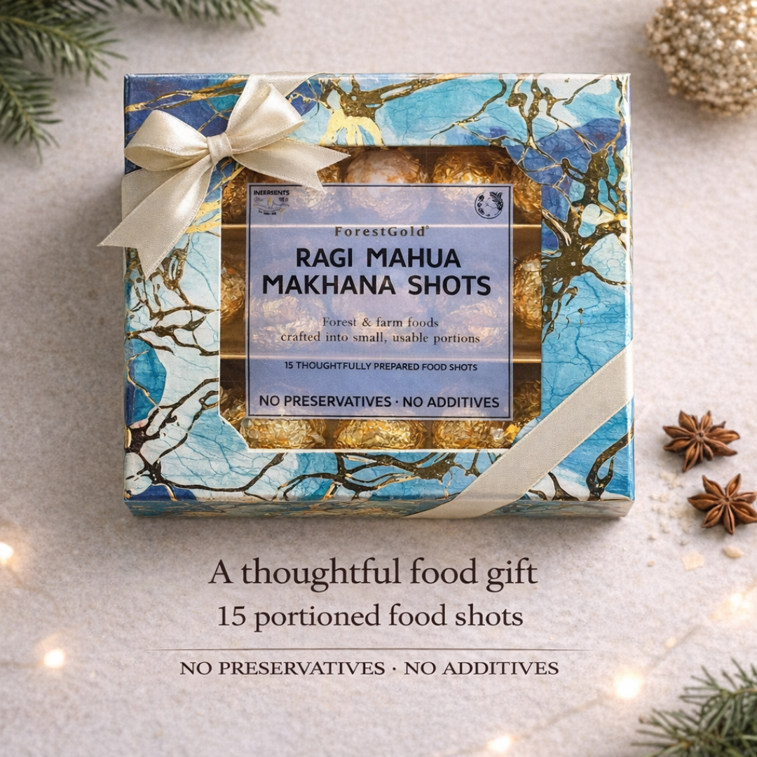 ForestGold Ragi Mahua Makhana Shots as a thoughtful food gift with 15 portioned food shots and no preservatives