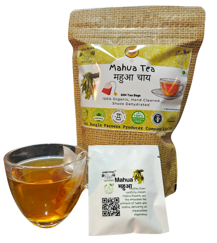Mahua Flower Tea pack with individual tea bag and brewed cup – herbal infusion made from food grade Mahua, naturally sweet, caffeine-free, and handcrafted.