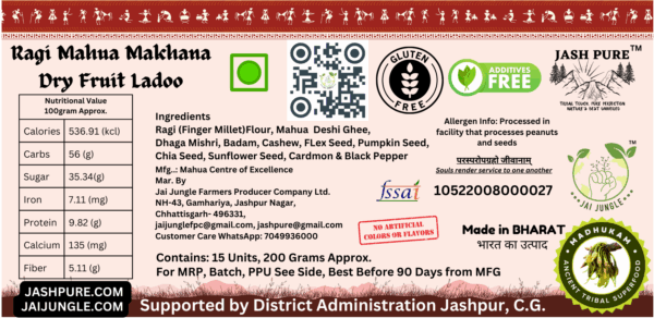 Ragi Mahua Makhana Ladoo back label with nutrition values, ingredients, allergen info, and Jai Jungle branding