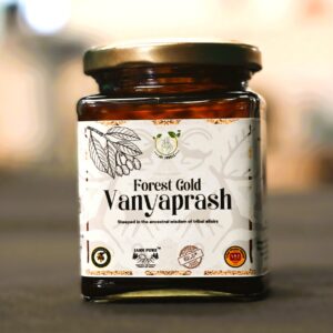 ForestGold Vanyaprash glass jar front label – 100% pure Mahua concentrate tribal handcrafted superfood