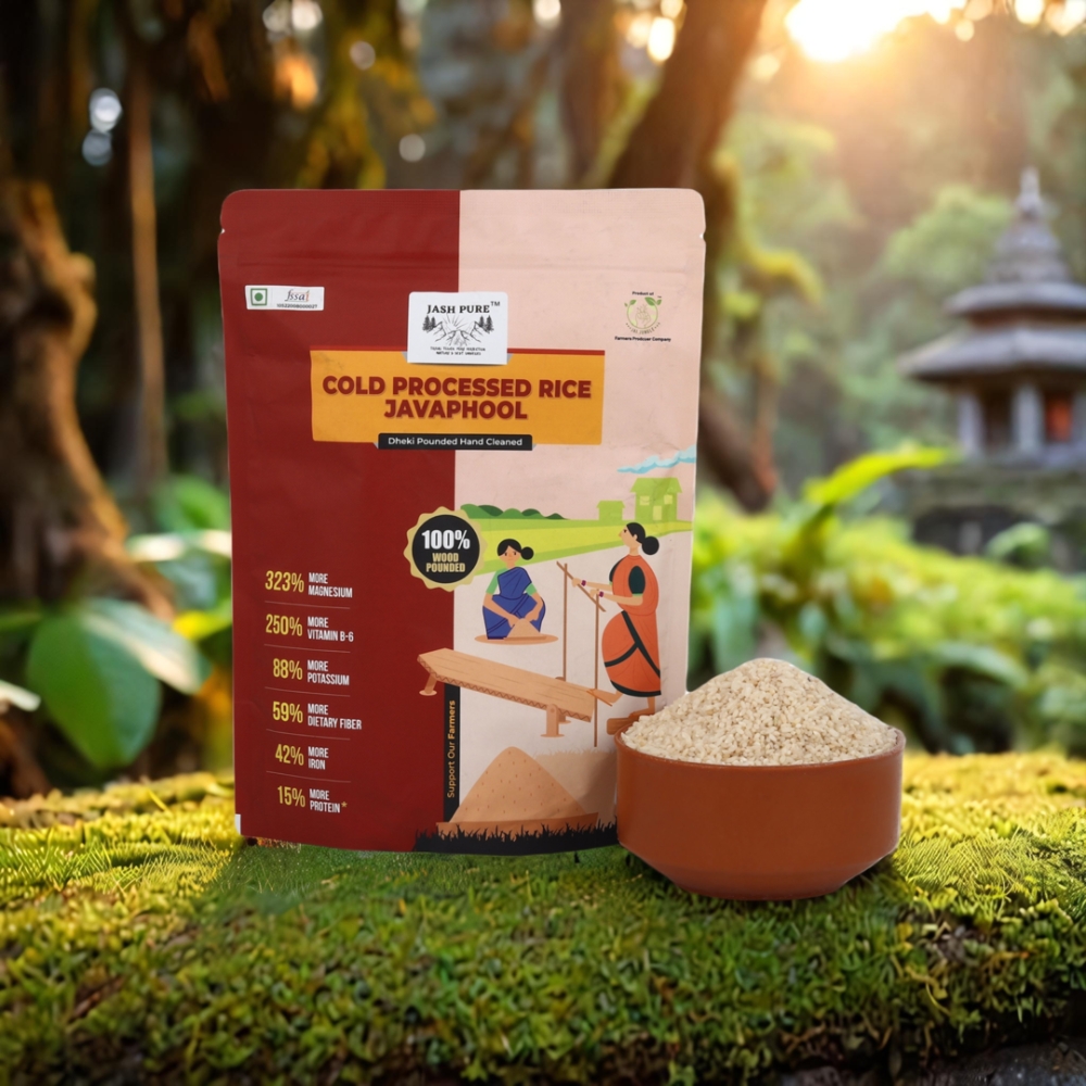 Cold Processed Dheki Kuta Javaphool Rice pouch with bowl – wood-pounded, nutrient-rich traditional rice handcrafted by tribal women