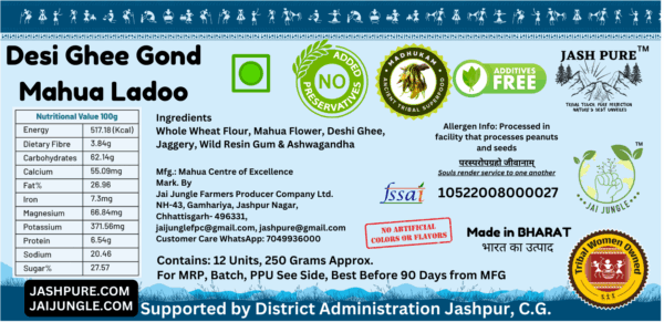 Mahua Gond Desi Ghee Ladoo back label with nutrition information, ingredients, allergen advisory, and packaging details
