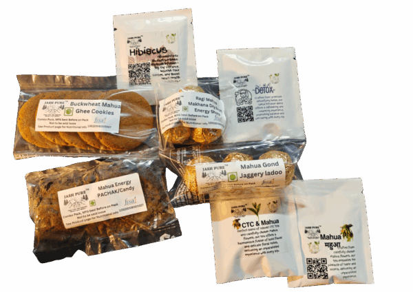 Mahua Forest Treasures Sampler Box contents – cookies, ladoos, pachak, hibiscus infusion, detox blend, and Mahua teas handcrafted by tribal women