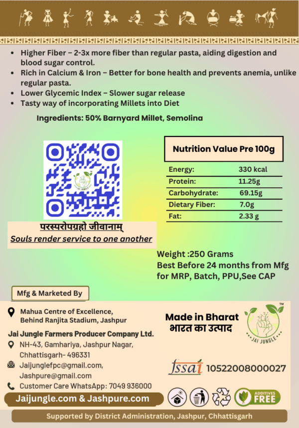 Barnyard Millet Pasta 50% back packaging with nutrition facts and benefits
