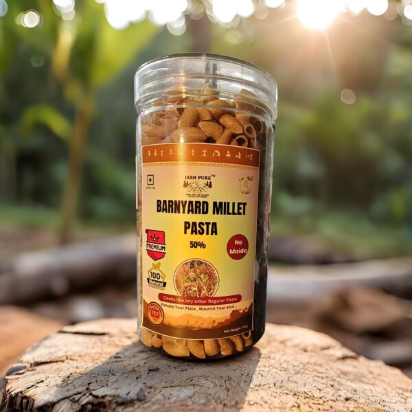 Barnyard Millet Pasta 50% front packaging jar placed outdoors on a wooden surface.