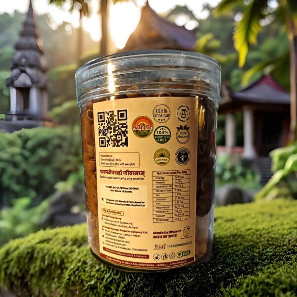 Back label of Beetroot Pasta Macaroni jar – 20% beetroot, no maida, nutrition facts