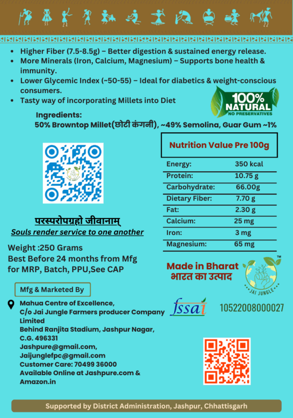 Browntop Millet Pasta 50% Nutrition Facts – High Fiber, Low GI Pasta by Jai Jungle