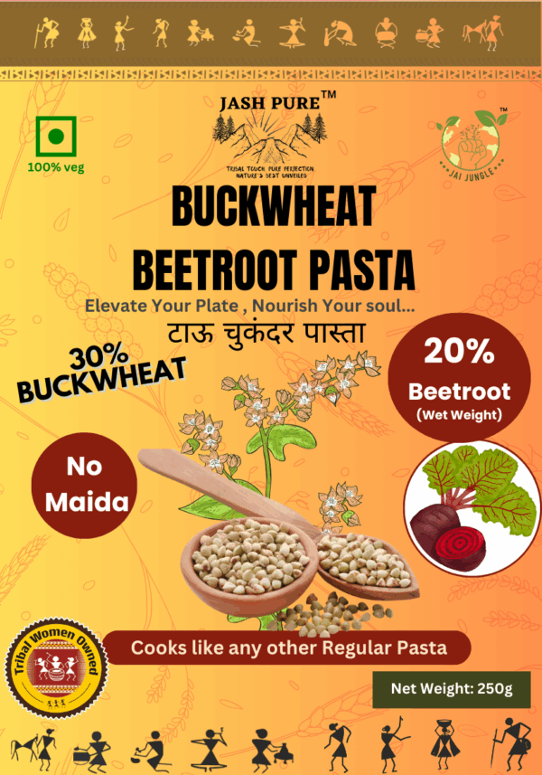 Front packaging of Jai Jungle Buckwheat Beetroot Pasta made with 30% buckwheat and 20% beetroot, no maida, natural and preservative-free millet pasta.