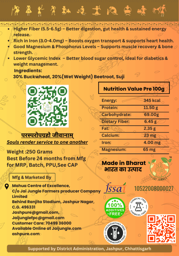 Back packaging of Jai Jungle Buckwheat Beetroot Pasta showing nutrition facts, ingredients (30% buckwheat, 20% beetroot, suji), health benefits, and tribal women-owned origin.