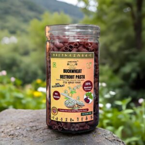 Jar of Jai Jungle Buckwheat Beetroot Pasta (30% buckwheat, 20% beetroot), no maida, healthy millet pasta made by tribal women in Jashpur.