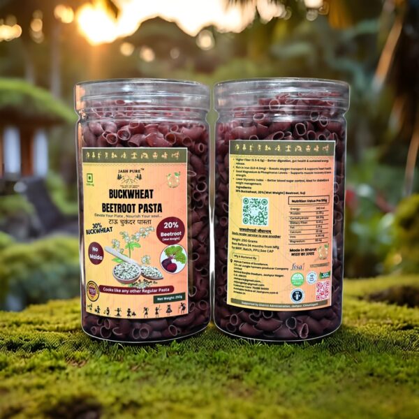 Jar of Jai Jungle Buckwheat Beetroot Pasta with 30% buckwheat and 20% beetroot, no maida, preservative-free millet pasta made by tribal women.