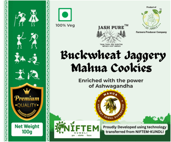 Buckwheat Jaggery Mahua Cookies front label on 100g tin pack – Jai Jungle tribal handcrafted cookies