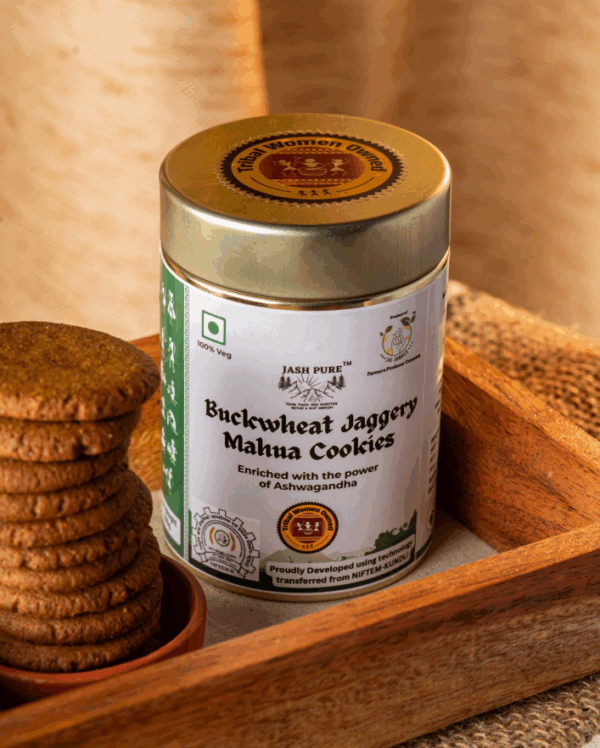 Buckwheat Jaggery Mahua Cookies in tin container with cookies served on wooden tray