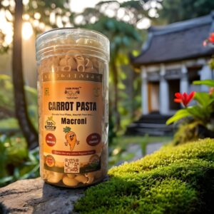 Jar of Carrot Pasta Macaroni – 20% carrot, no maida, 100% natural, healthy pasta made by tribal women.