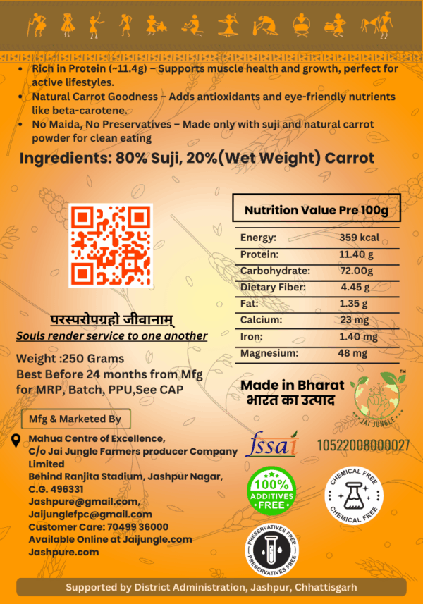 Back side of Carrot Pasta Macaroni pack showing nutrition facts, ingredients (80% suji, 20% carrot), health benefits, and Jai Jungle branding.