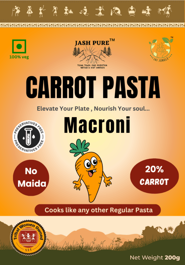 Carrot Pasta Macaroni made with 20% carrot and suji, no maida, preservative-free, healthy pasta by Jai Jungle
