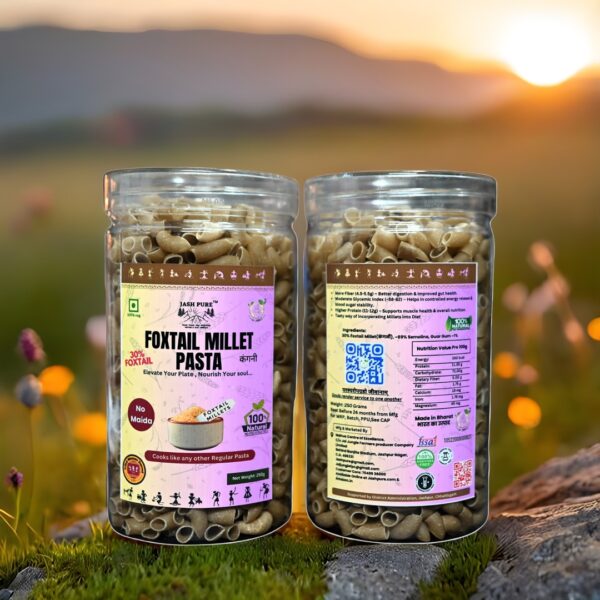 Foxtail Millet Pasta front and back jar – 30% Kangni Millet, No Maida, Preservative-Free, by Jai Jungle