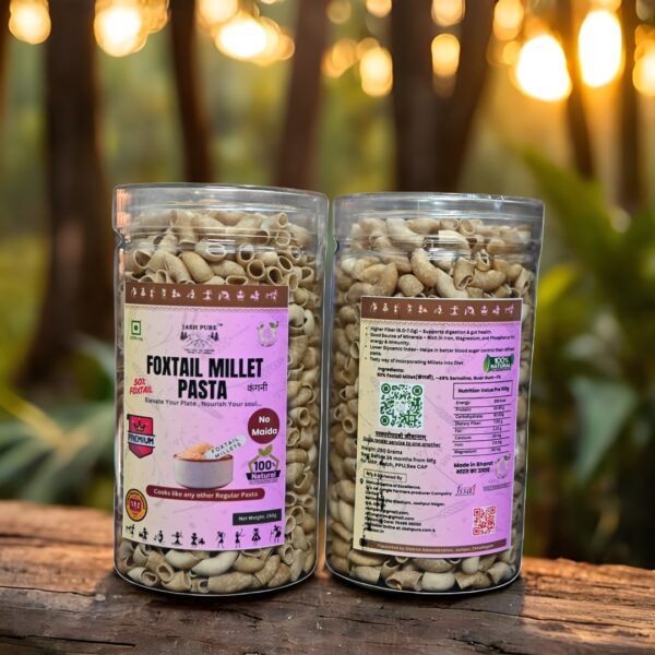 Foxtail Millet Pasta Premium 50% Foxtail front and back packaging – Healthy No Maida Pasta