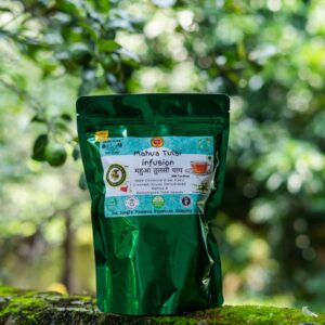 Mahua Tulsi Infusion Tea made from wild forest flowers and holy basil leaves, organic herbal tea rich in antioxidants and traditional wellness benefits