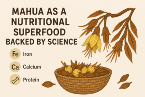 llustration of mahua flowers and basket with petals, highlighting nutritional benefits of mahua as a superfood rich in iron, calcium, and protein