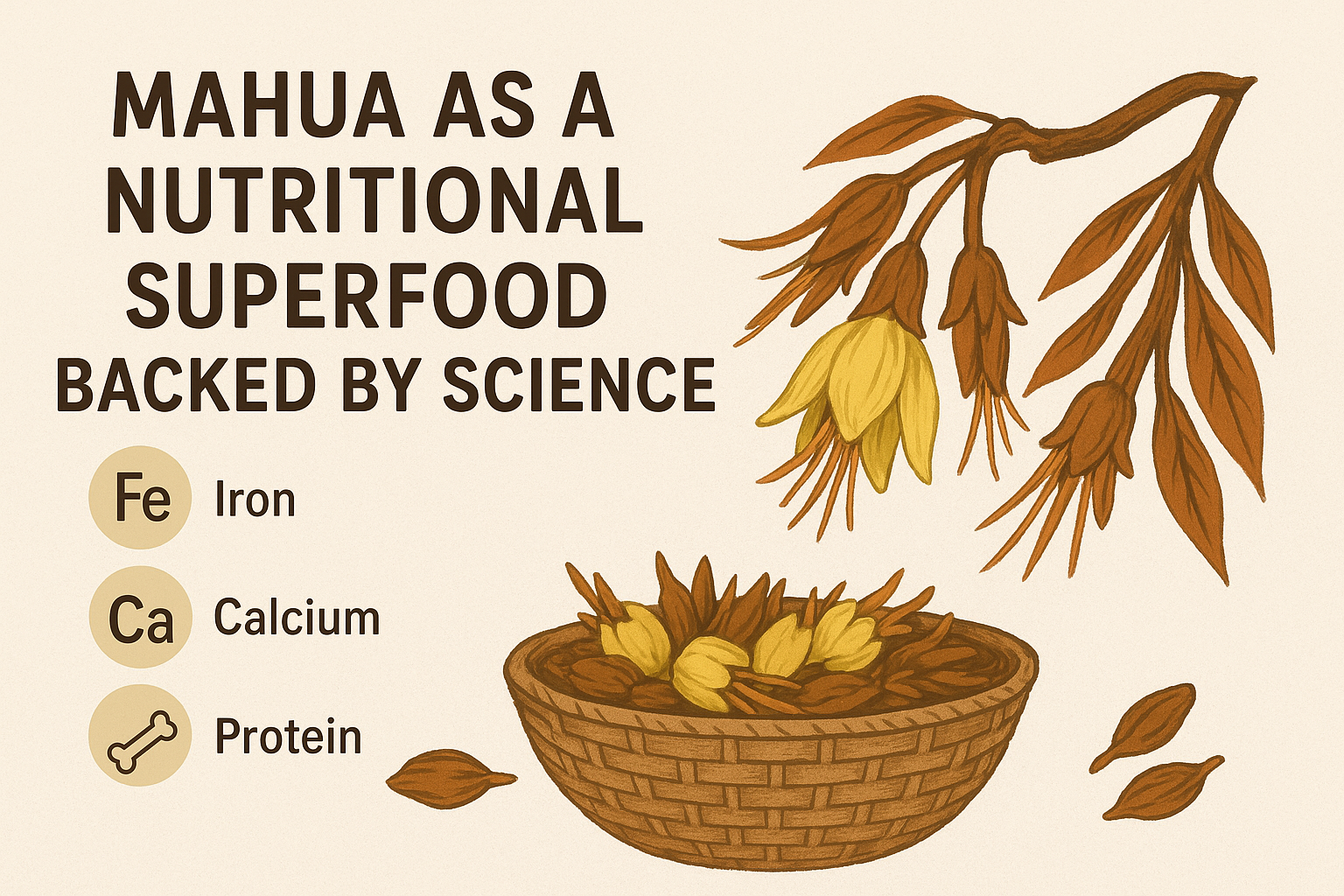 llustration of mahua flowers and basket with petals, highlighting nutritional benefits of mahua as a superfood rich in iron, calcium, and protein
