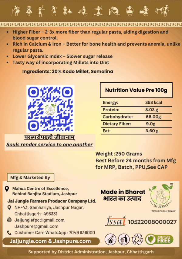 Kodo Millet Pasta 30% Back Label – Ingredients, Nutrition Facts, and Manufacturer Details