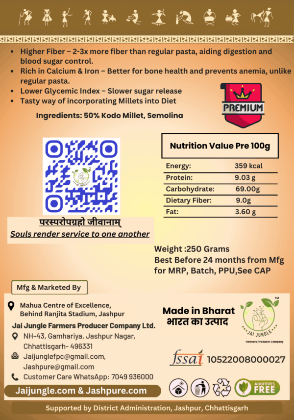 Kodo Millet Pasta 50% back label with nutrition facts, ingredients, benefits, and Jai Jungle FPC details.