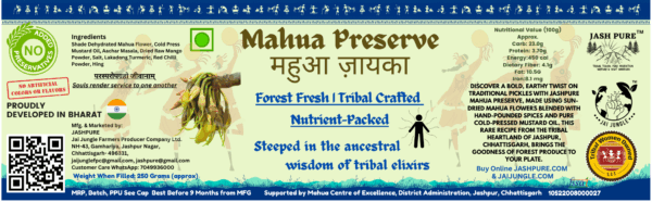 Label of Mahua Preserve (Mahua Aachar) by Jai Jungle, a tribal-crafted pickle made with shade-dried Mahua flowers, mustard oil, and hand-pounded spices, preservative-free and nutrient-rich.
