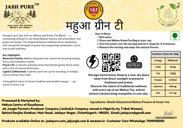 Mahua Green Tea back label with brewing instructions, nutritional facts, storage info, and clean-label claims