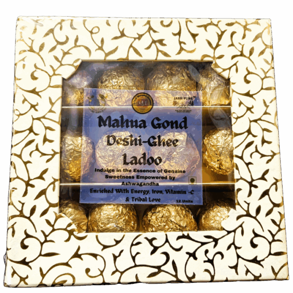 Mahua Gond Desi Ghee Ladoo gift box with gold foil wrapped ladoos – premium tribal handcrafted sweets from Jashpur