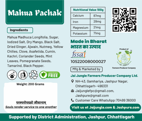 Mahua Energy Pachak back label with ingredients, nutritional values, and product information