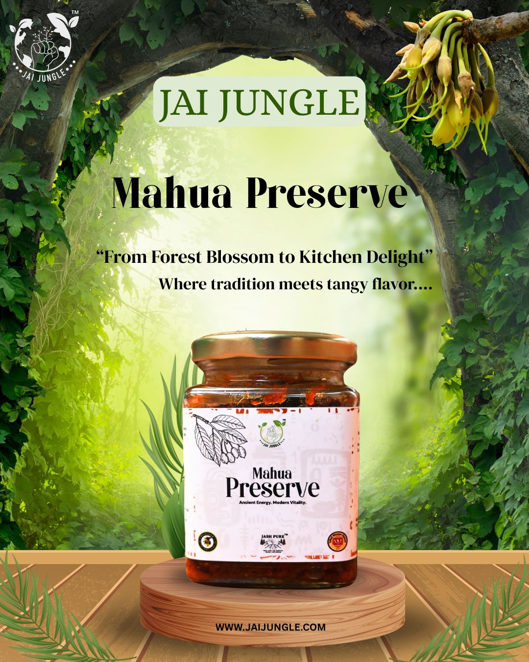 Mahua Preserve (Mahua Aachar) by Jai Jungle – a tribal-crafted pickle made from Mahua flowers and forest spices, capturing the essence of forest blossom and tangy traditional flavor.