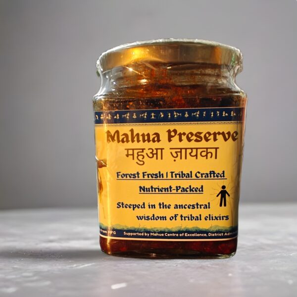 Glass jar of Mahua Preserve (Mahua Aachar) by Jai Jungle, a tribal-crafted pickle made with shade-dried Mahua flowers, cold-pressed mustard oil, and hand-pounded spices.