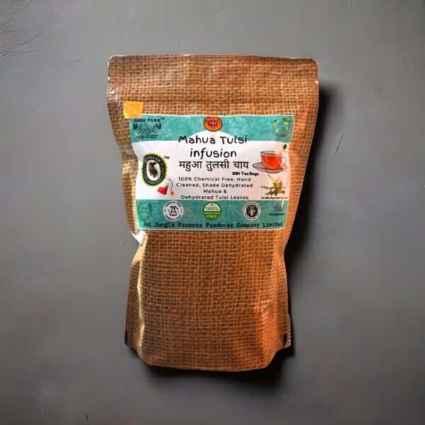 Mahua Tulsi Infusion front pack – herbal blend of shade-dried Mahua flowers and Tulsi leaves by Jai Jungle, 20N infusion bags, 100% chemical-free.