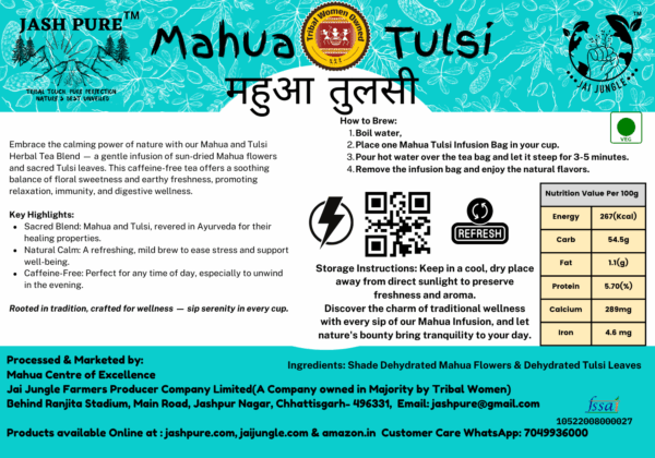 Back label of Mahua Tulsi Infusion (20 Bags) by Jai Jungle, showing product highlights, brewing instructions, nutrition facts, storage advice, and company details.