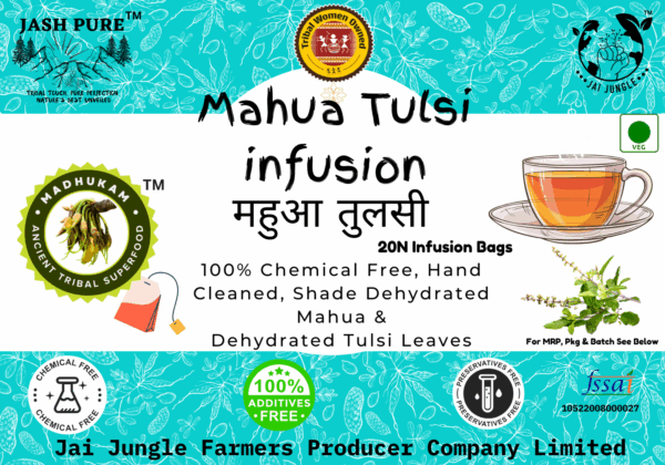 Front pack of Mahua Tulsi Infusion (20 Bags) by Jai Jungle, a caffeine-free herbal blend of shade-dried Mahua flowers and Tulsi leaves, 100% natural and handcrafted by tribal women.