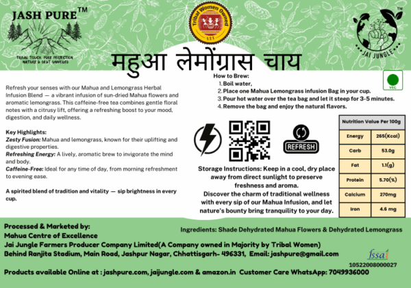 Back label of Mahua Lemongrass Infusion by Jai Jungle, showing product description, brewing instructions, nutrition table, storage instructions, and company details.