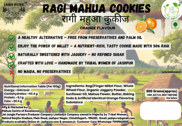 Ragi Mahua Cookies Orange Flavour back pack – Nutrition facts, ingredients, and benefits of millet and mahua jaggery cookies.