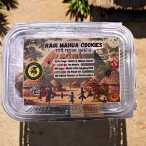 Jai Jungle Ragi Mahua Cookies box pack – healthy millet cookies made with 50% finger millet (ragi) and Mahua flowers, sweetened with jaggery, no maida, no refined sugar, no palm oil; nutritious handmade snack by tribal women of Jashpur.