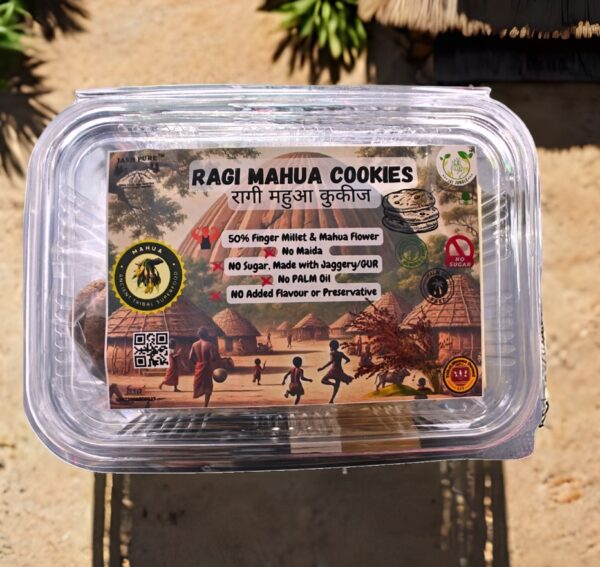 Jai Jungle Ragi Mahua Cookies box pack – healthy millet cookies made with 50% finger millet (ragi) and Mahua flowers, sweetened with jaggery, no maida, no refined sugar, no palm oil; nutritious handmade snack by tribal women of Jashpur.