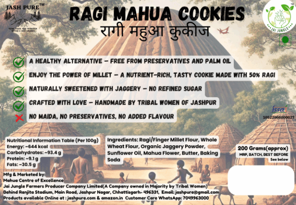 Back label of Ragi Mahua Cookies – ingredients, nutrition, and highlights of millet and Mahua-based healthy cookies.