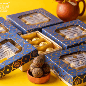 Mahua Gond Desi Ghee Ladoo gift box with gold foil wrapped ladoos – premium tribal handcrafted sweets from Jai Jungle