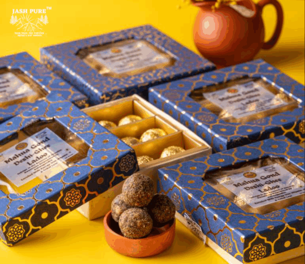 Mahua Gond Desi Ghee Ladoo gift box with gold foil wrapped ladoos – premium tribal handcrafted sweets from Jai Jungle
