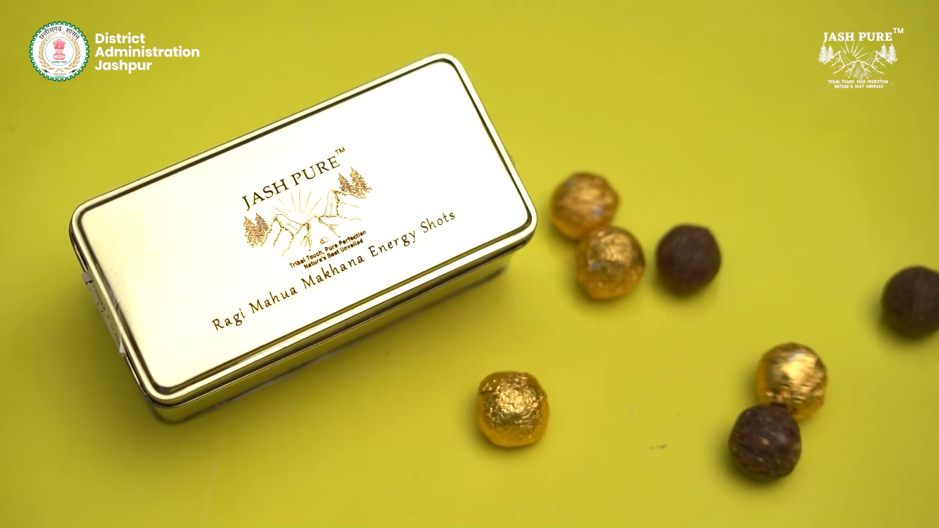 Ragi Mahua Makhana Energy Shots in premium golden packaging with healthy millet and mahua-based superfood Ladoo