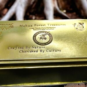 Mahua Forest Treasures premium tin gift box placed near tree trunk – tribal handcrafted superfood sampler pack