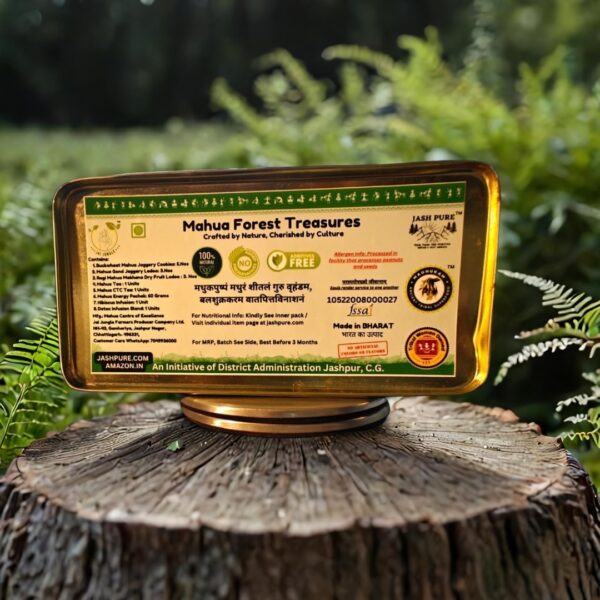 Mahua Forest Treasures gift box back label showing product contents, certifications, and clean-label claims in a forest setting