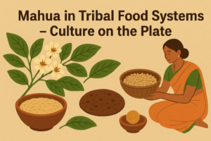 Illustration of tribal woman with mahua flowers, leaves, and traditional foods like laddoo, cookies, and porridge – highlighting mahua in tribal food systems and culture